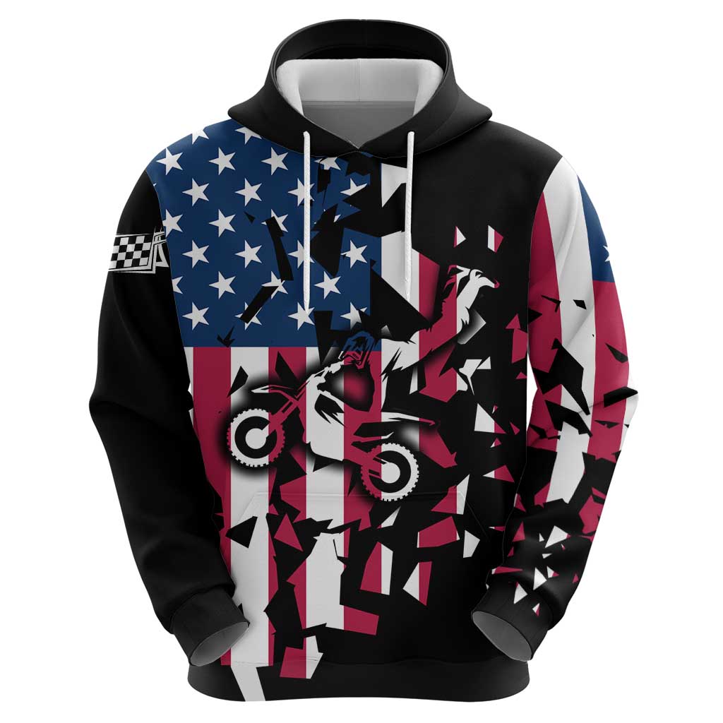 Personalized Dirt Bike Racing Hoodie Shattered American Flag and Race Checkered Patch Graphic in Red White and Blue TS04