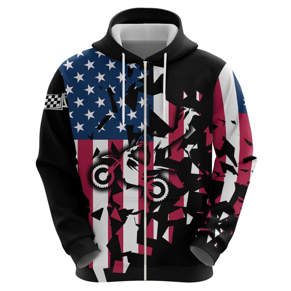 Personalized Dirt Bike Racing Hoodie Shattered American Flag and Race Checkered Patch Graphic in Red White and Blue TS04