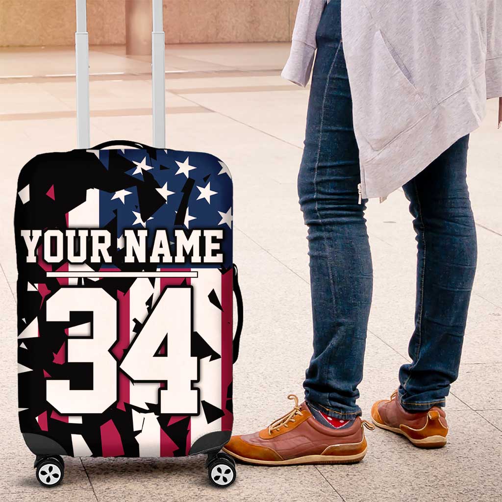 Personalized Dirt Bike Racing Luggage Cover Shattered American Flag and Race Checkered Patch Graphic in Red White and Blue TS04