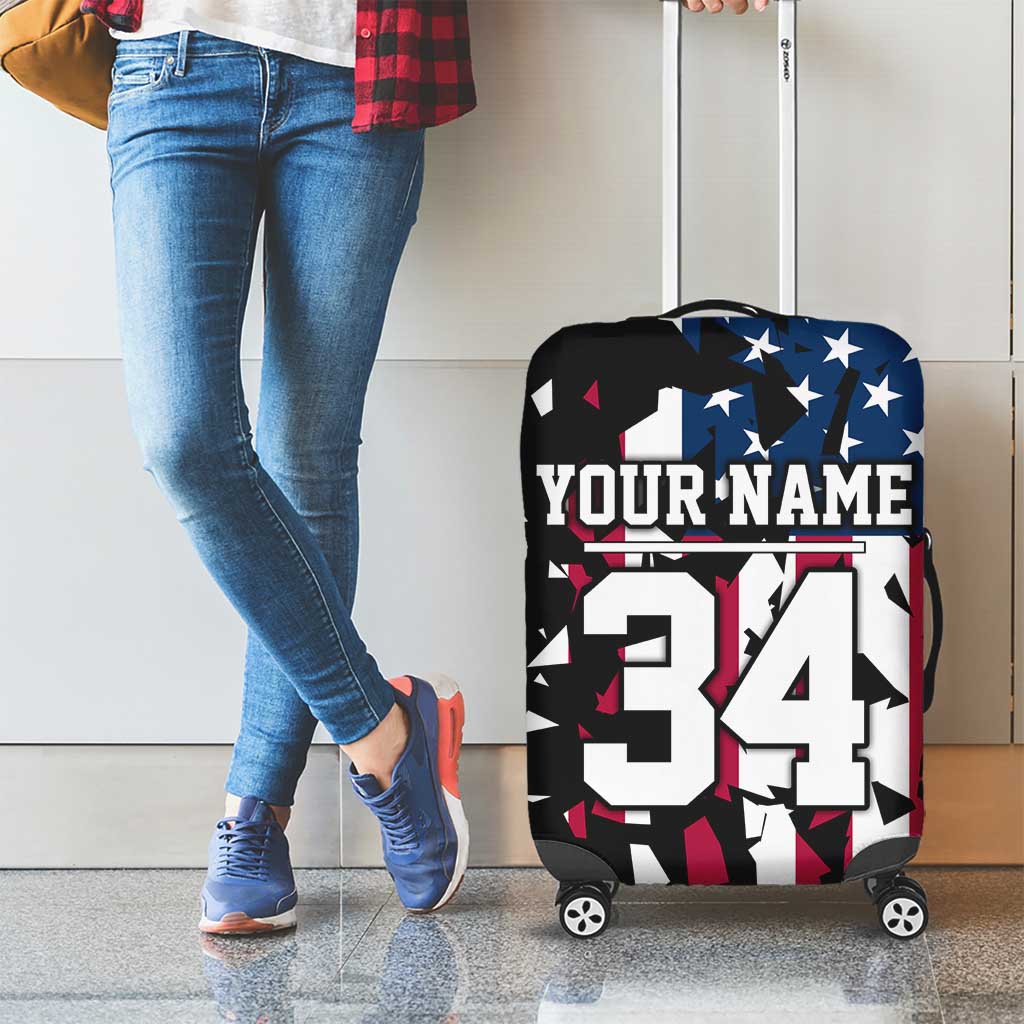 Personalized Dirt Bike Racing Luggage Cover Shattered American Flag and Race Checkered Patch Graphic in Red White and Blue TS04