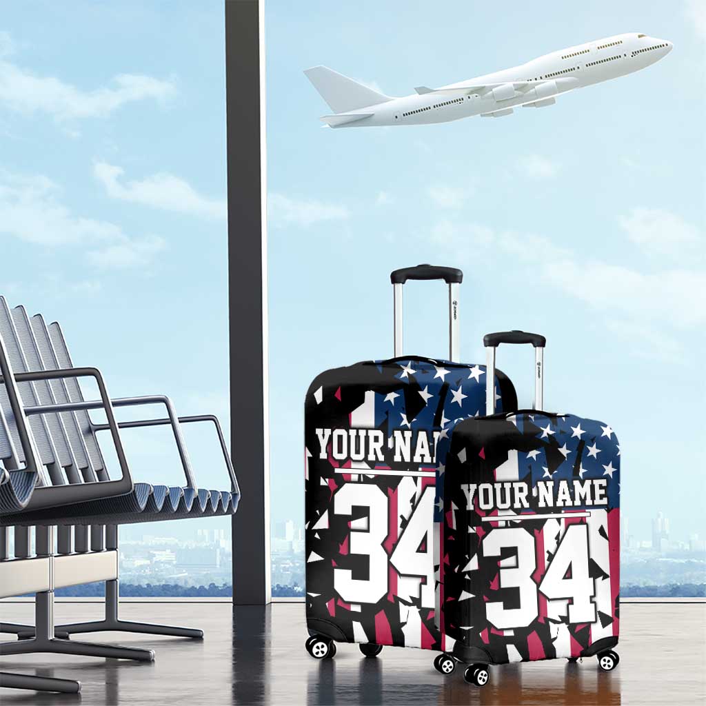 Personalized Dirt Bike Racing Luggage Cover Shattered American Flag and Race Checkered Patch Graphic in Red White and Blue TS04