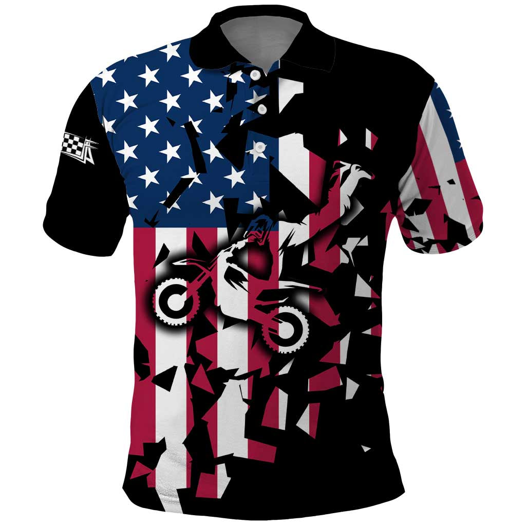 Personalized Dirt Bike Racing Polo Shirt Shattered American Flag and Race Checkered Patch Graphic in Red White and Blue TS04