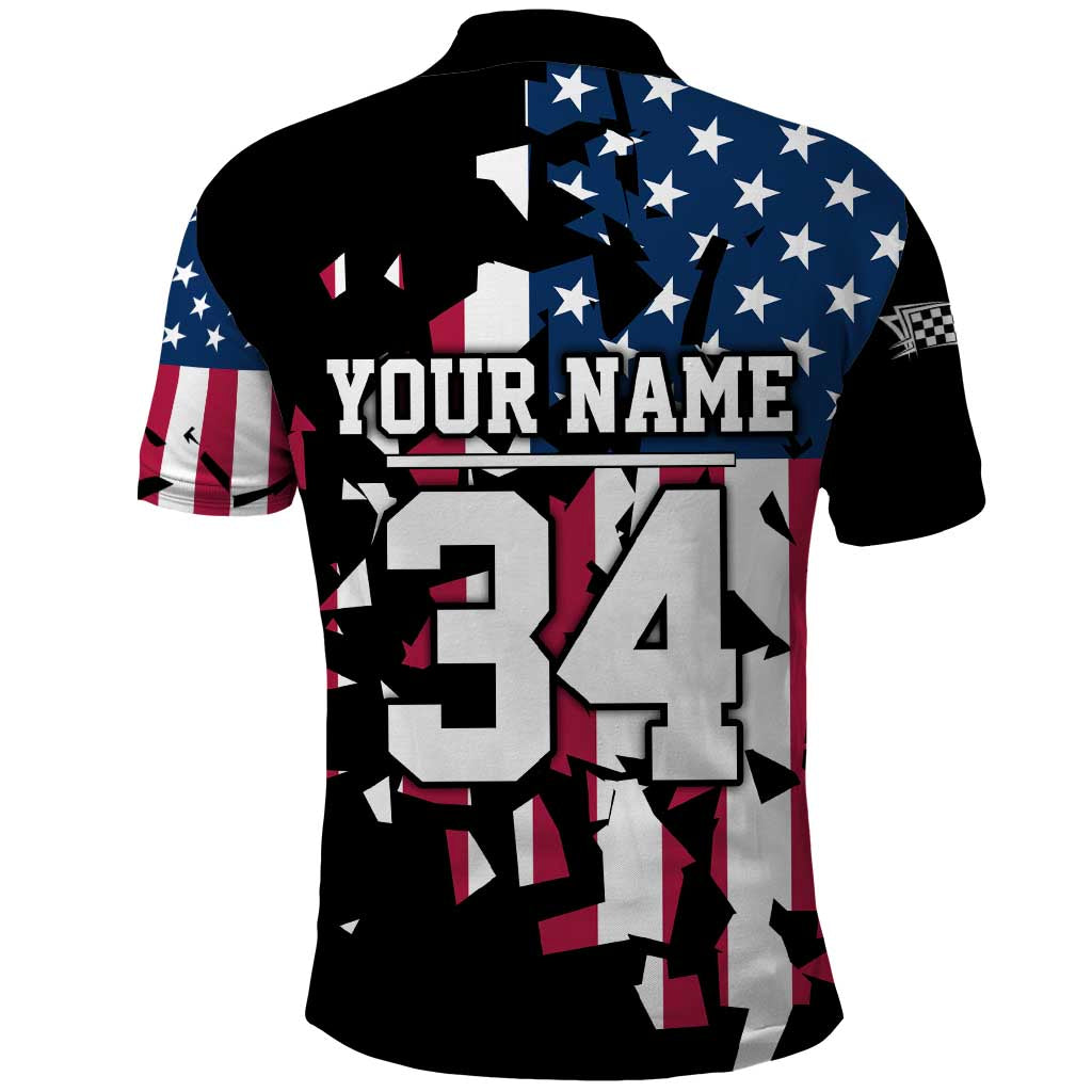 Personalized Dirt Bike Racing Polo Shirt Shattered American Flag and Race Checkered Patch Graphic in Red White and Blue TS04