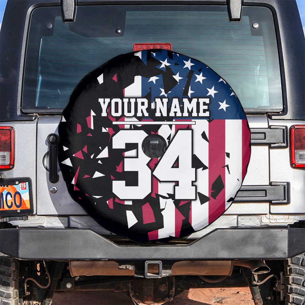 Personalized Dirt Bike Racing Spare Tire Cover Shattered American Flag and Race Checkered Patch Graphic in Red White and Blue TS04