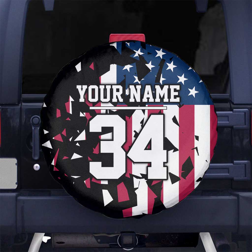 Personalized Dirt Bike Racing Spare Tire Cover Shattered American Flag and Race Checkered Patch Graphic in Red White and Blue TS04