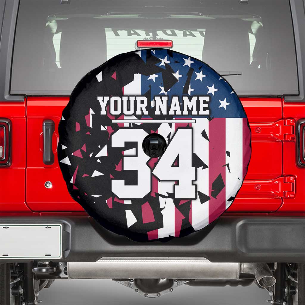 Personalized Dirt Bike Racing Spare Tire Cover Shattered American Flag and Race Checkered Patch Graphic in Red White and Blue TS04