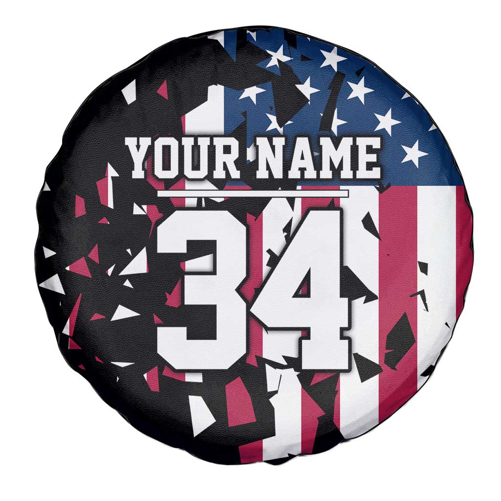 Personalized Dirt Bike Racing Spare Tire Cover Shattered American Flag and Race Checkered Patch Graphic in Red White and Blue TS04