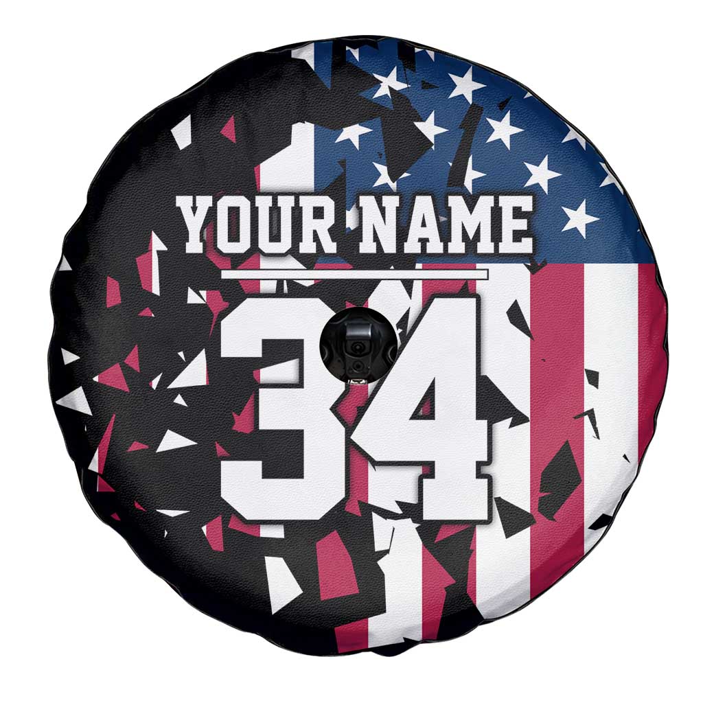 Personalized Dirt Bike Racing Spare Tire Cover Shattered American Flag and Race Checkered Patch Graphic in Red White and Blue TS04