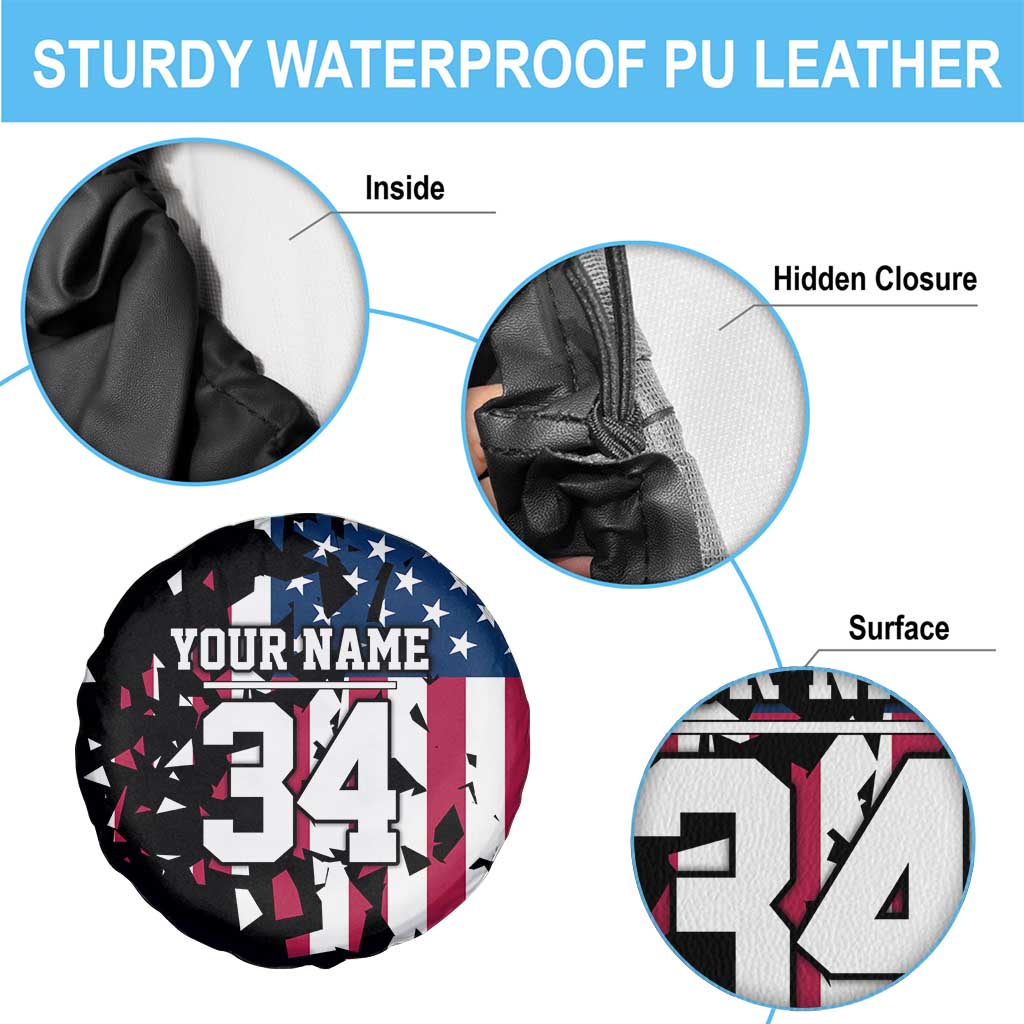 Personalized Dirt Bike Racing Spare Tire Cover Shattered American Flag and Race Checkered Patch Graphic in Red White and Blue TS04