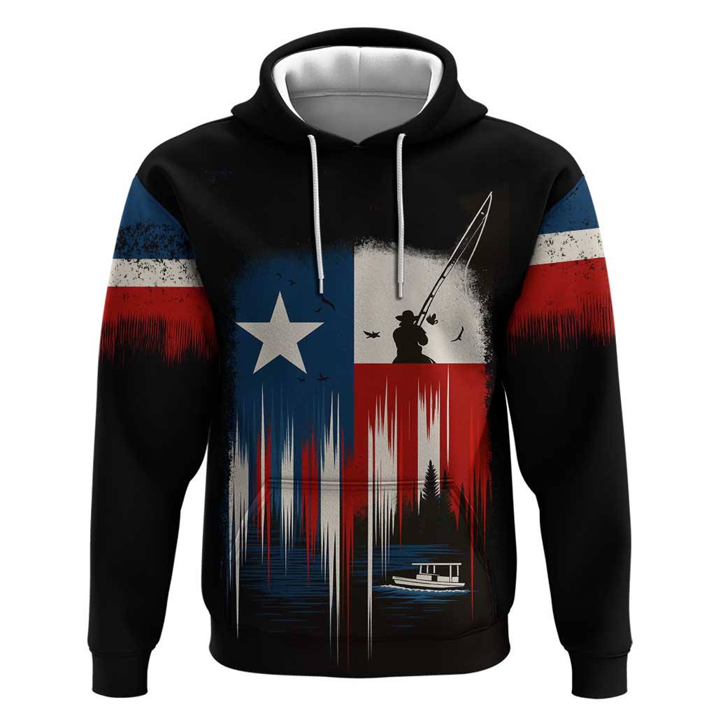 Texas Flag Fishing Hoodie with Silhouette Fisherman and Rustic Lake Scene in Red White Blue TS04