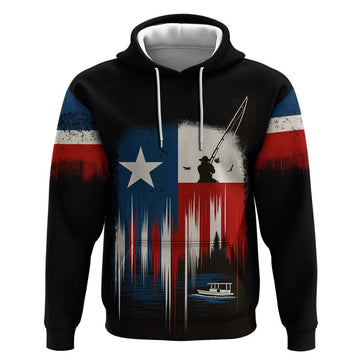 Texas Flag Fishing Hoodie with Silhouette Fisherman and Rustic Lake Scene in Red White Blue TS04