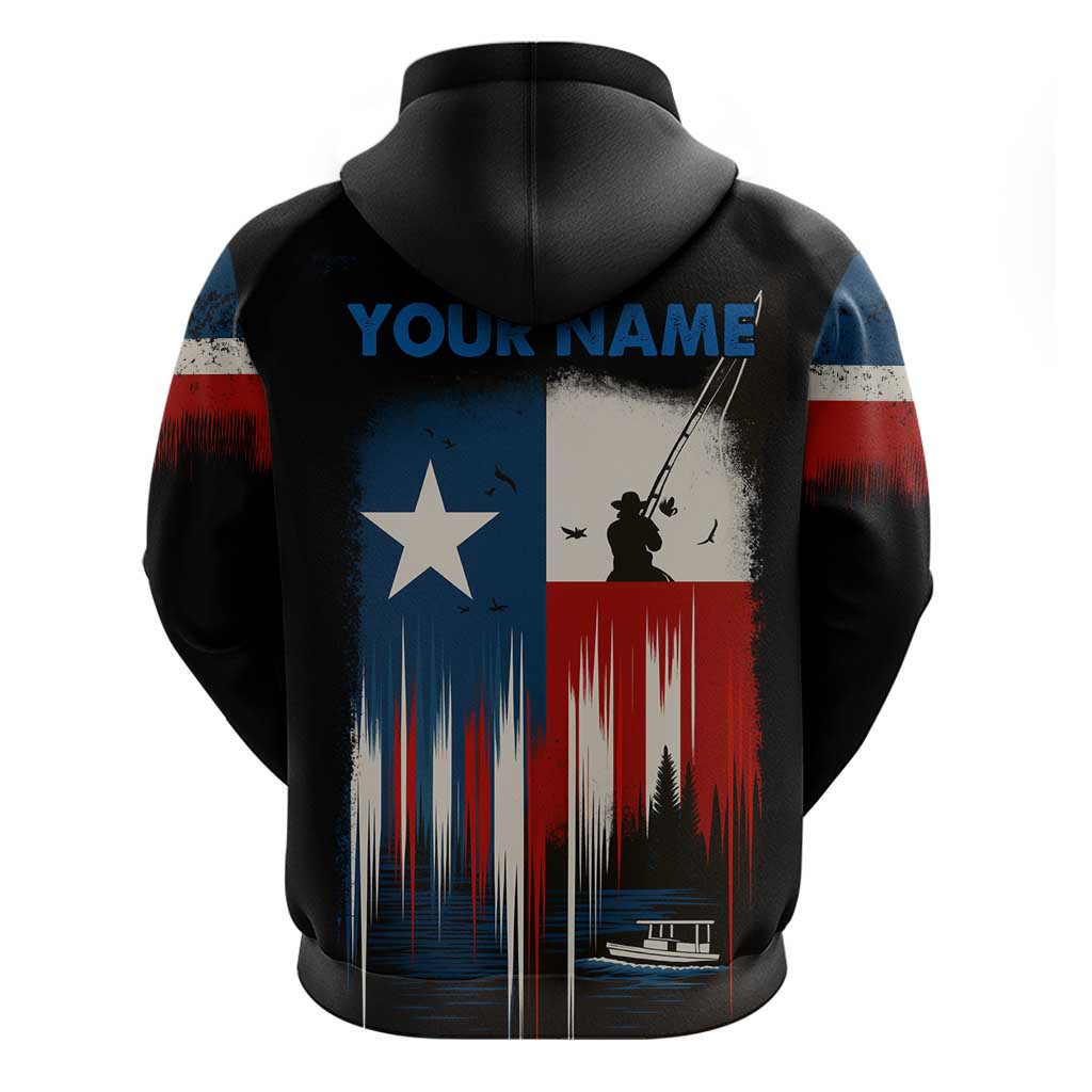 Texas Flag Fishing Hoodie with Silhouette Fisherman and Rustic Lake Scene in Red White Blue TS04