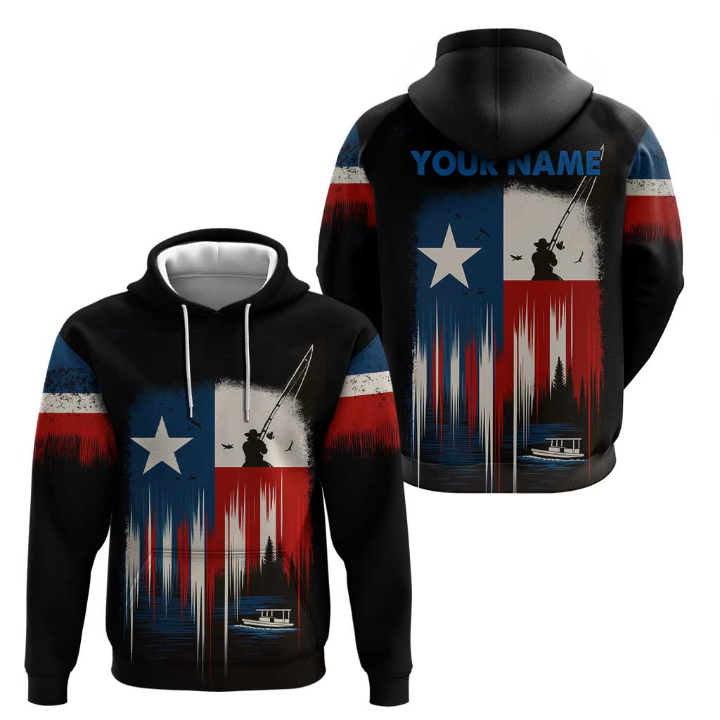 Texas Flag Fishing Hoodie with Silhouette Fisherman and Rustic Lake Scene in Red White Blue TS04