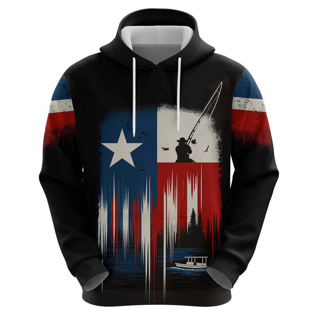 Texas Flag Fishing Hoodie with Silhouette Fisherman and Rustic Lake Scene in Red White Blue TS04