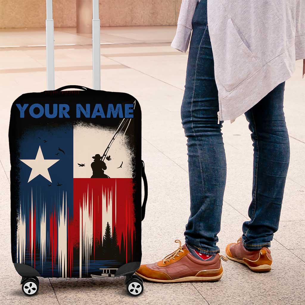 Texas Flag Fishing Luggage Cover with Silhouette Fisherman and Rustic Lake Scene in Red White Blue TS04