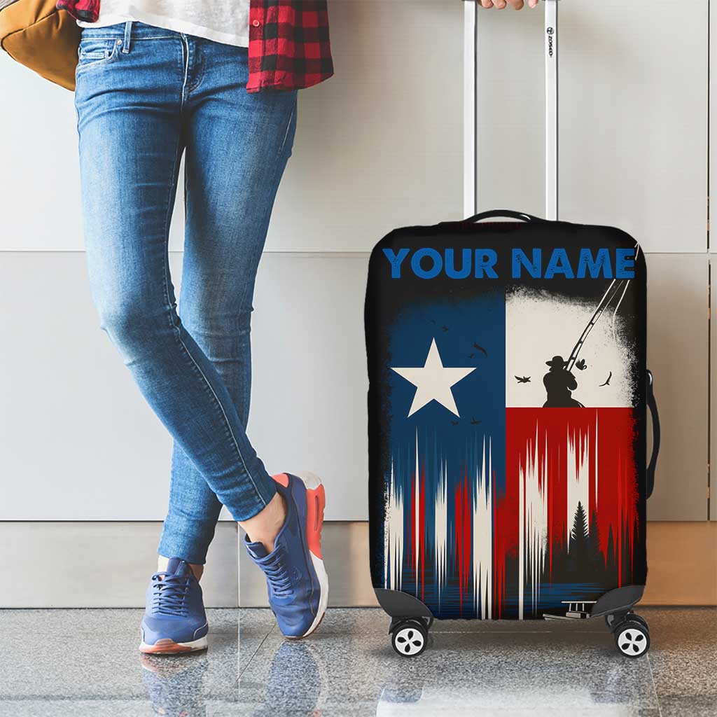 Texas Flag Fishing Luggage Cover with Silhouette Fisherman and Rustic Lake Scene in Red White Blue TS04