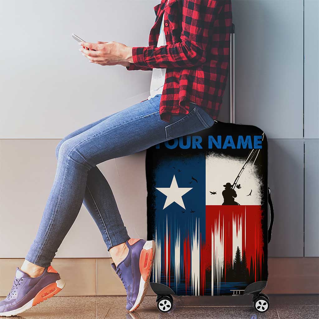 Texas Flag Fishing Luggage Cover with Silhouette Fisherman and Rustic Lake Scene in Red White Blue TS04