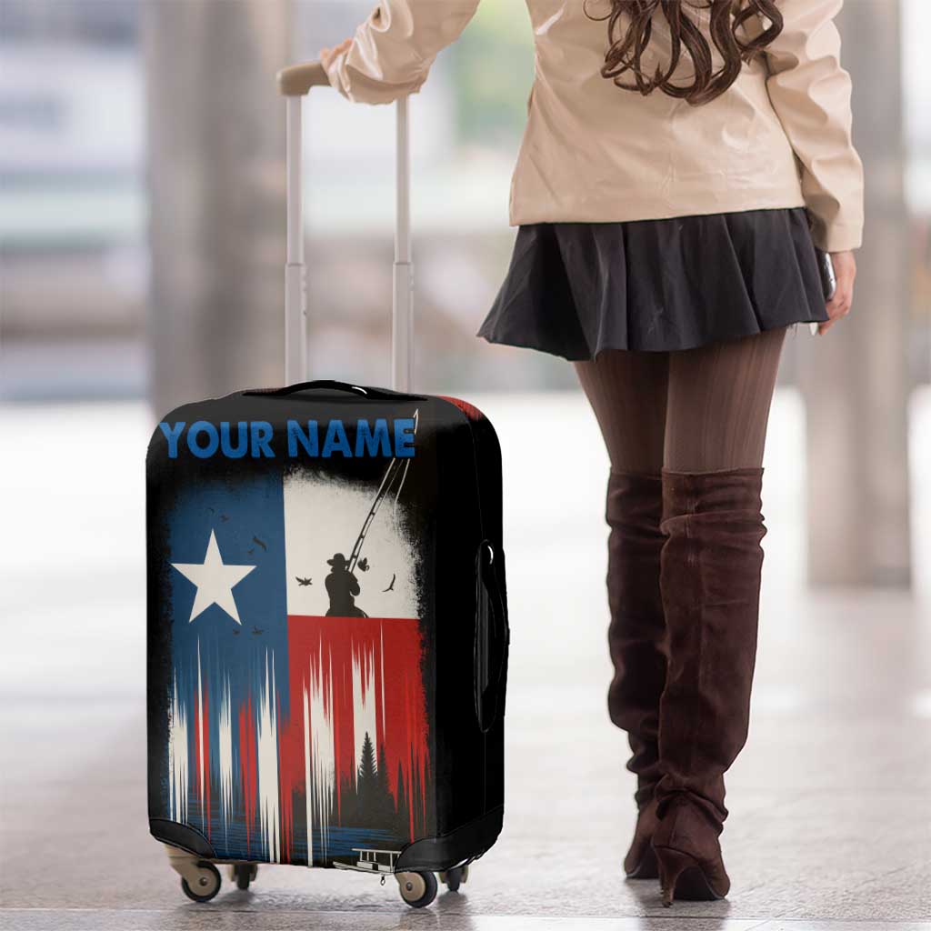 Texas Flag Fishing Luggage Cover with Silhouette Fisherman and Rustic Lake Scene in Red White Blue TS04