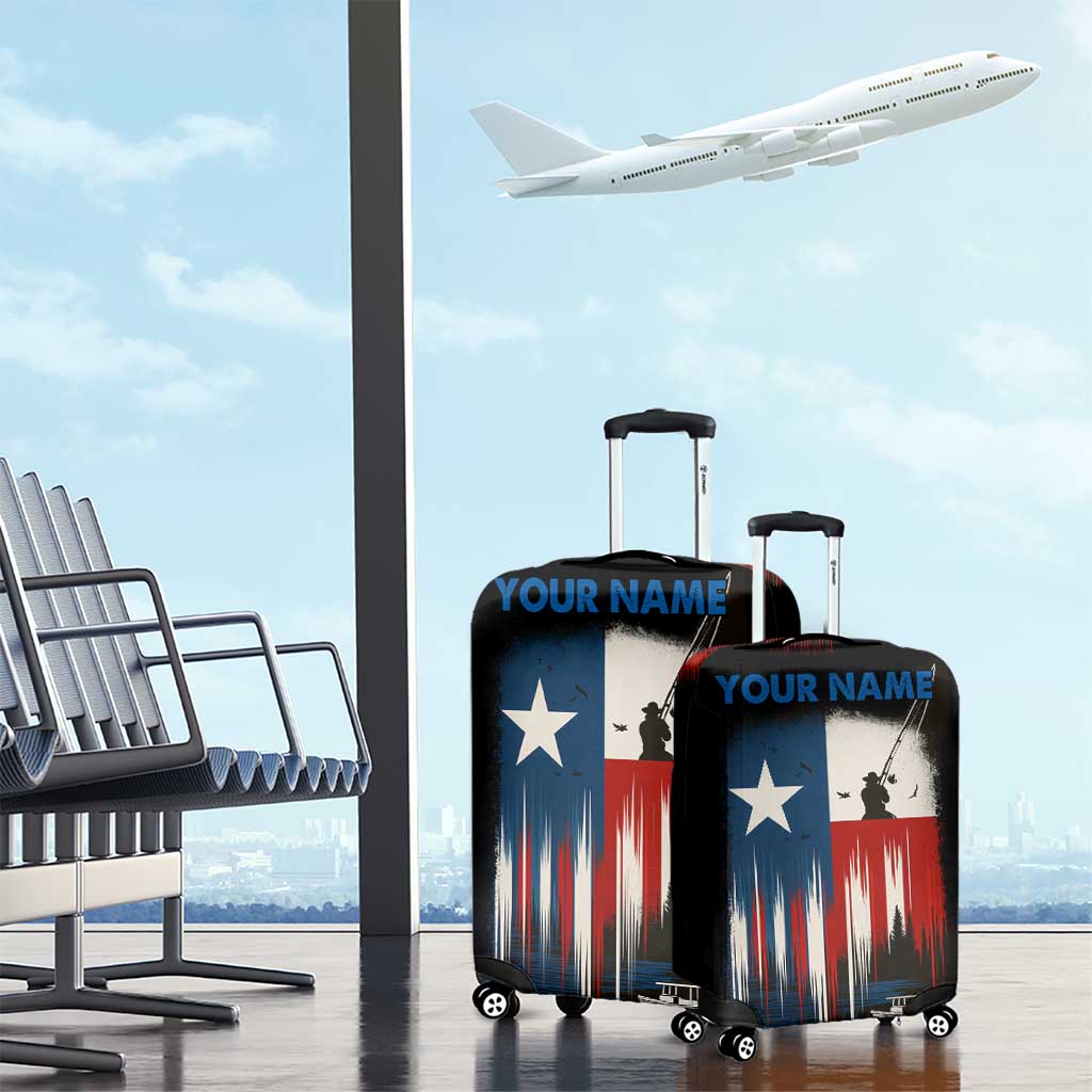Texas Flag Fishing Luggage Cover with Silhouette Fisherman and Rustic Lake Scene in Red White Blue TS04