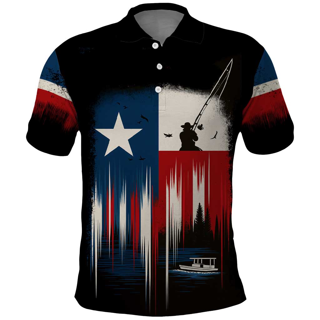 Texas Flag Fishing Polo Shirt with Silhouette Fisherman and Rustic Lake Scene in Red White Blue TS04