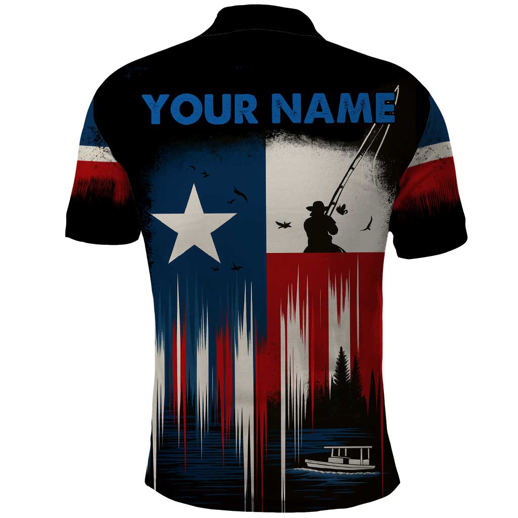 Texas Flag Fishing Polo Shirt with Silhouette Fisherman and Rustic Lake Scene in Red White Blue TS04