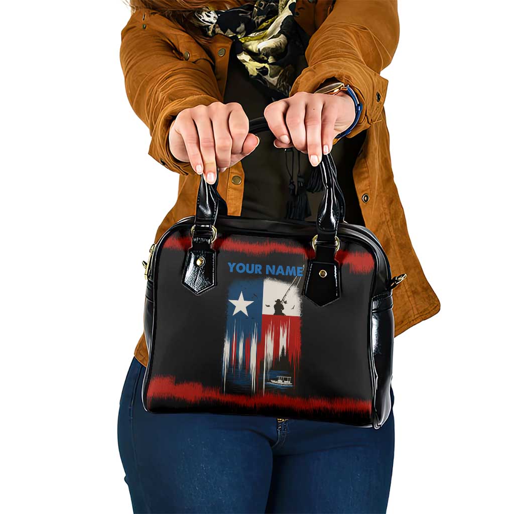 Texas Flag Fishing Shoulder Handbag with Silhouette Fisherman and Rustic Lake Scene in Red White Blue TS04