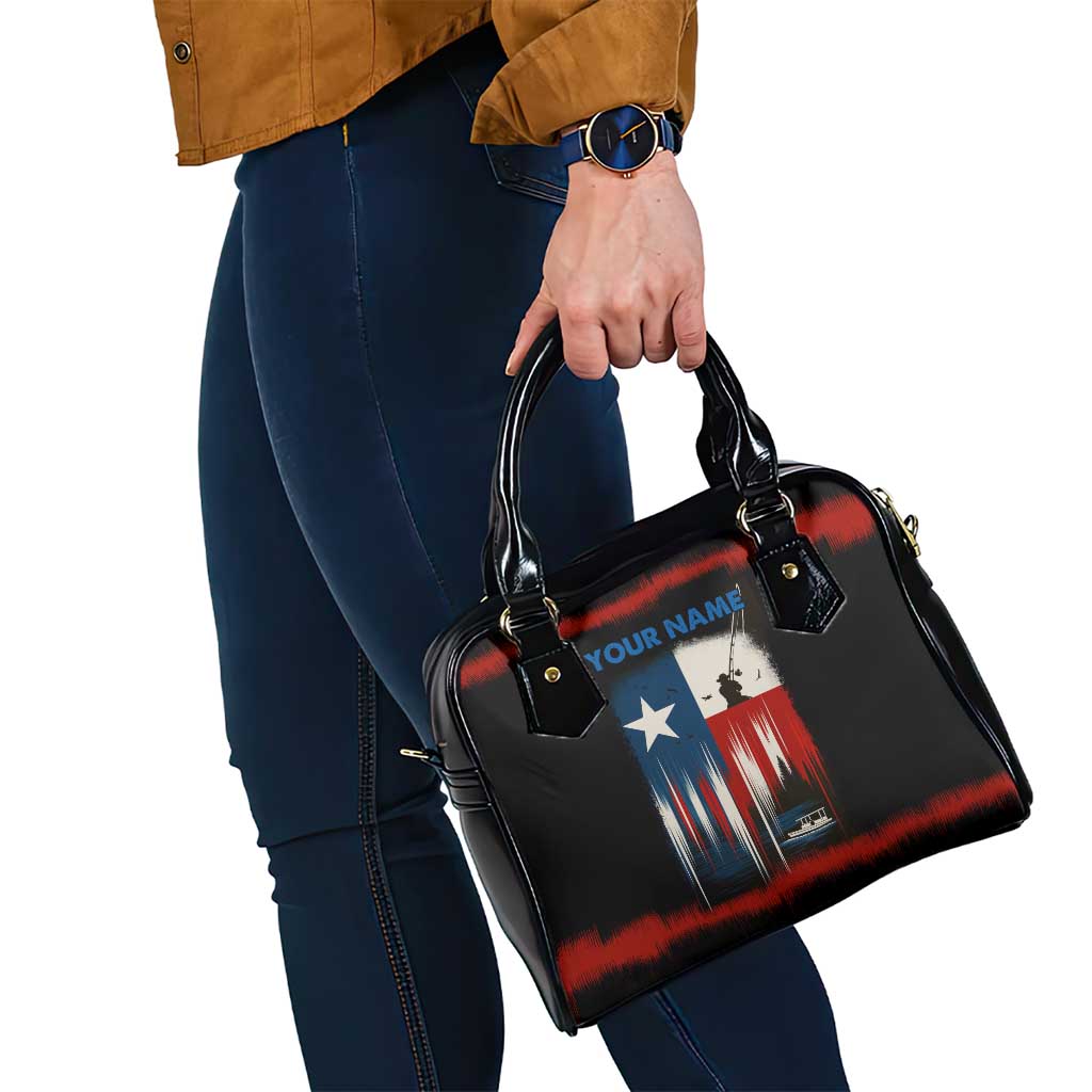 Texas Flag Fishing Shoulder Handbag with Silhouette Fisherman and Rustic Lake Scene in Red White Blue TS04