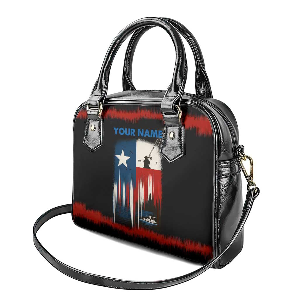 Texas Flag Fishing Shoulder Handbag with Silhouette Fisherman and Rustic Lake Scene in Red White Blue TS04