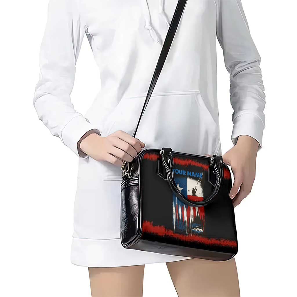 Texas Flag Fishing Shoulder Handbag with Silhouette Fisherman and Rustic Lake Scene in Red White Blue TS04