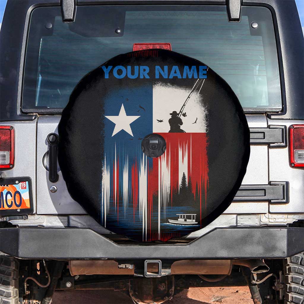 Texas Flag Fishing Spare Tire Cover with Silhouette Fisherman and Rustic Lake Scene in Red White Blue TS04