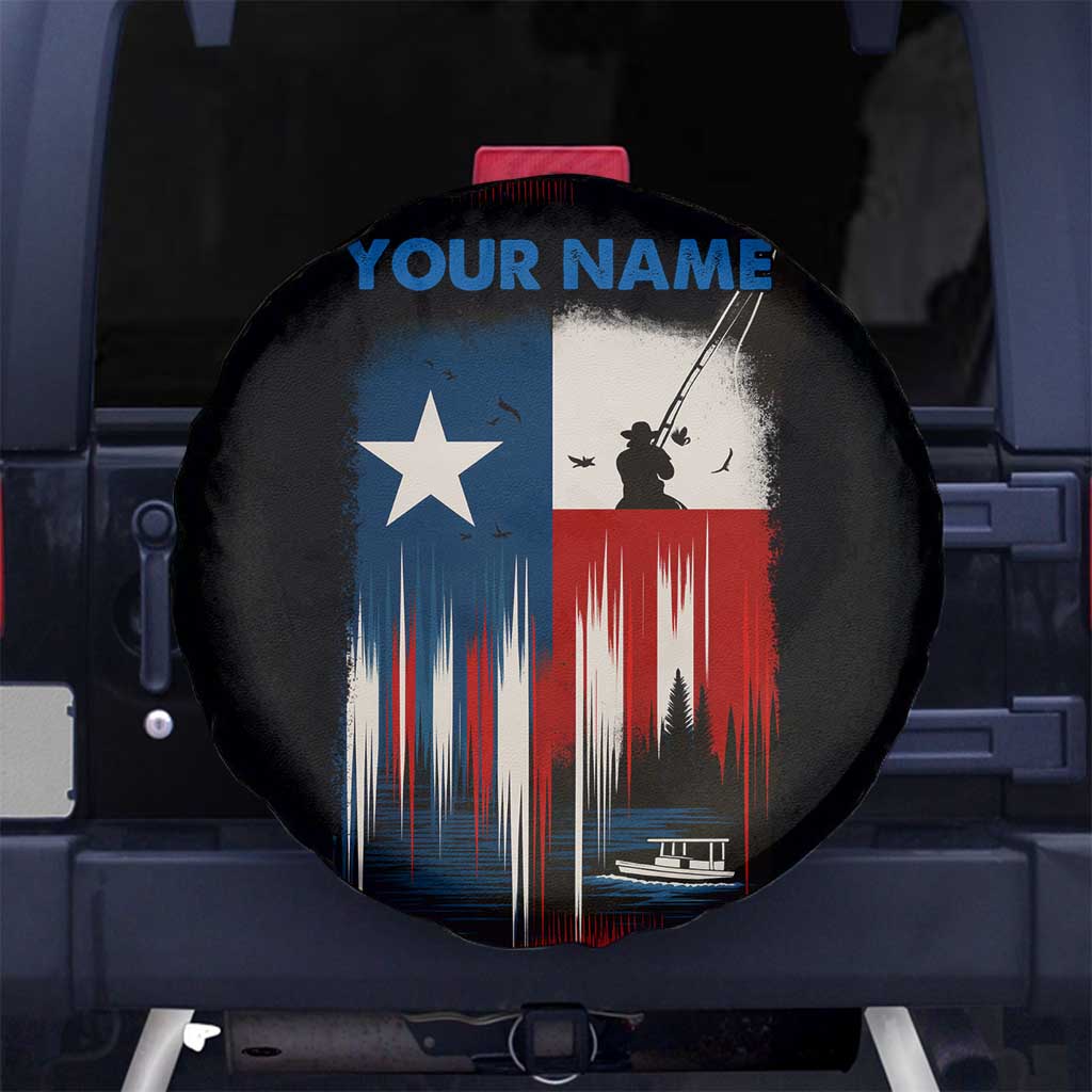Texas Flag Fishing Spare Tire Cover with Silhouette Fisherman and Rustic Lake Scene in Red White Blue TS04