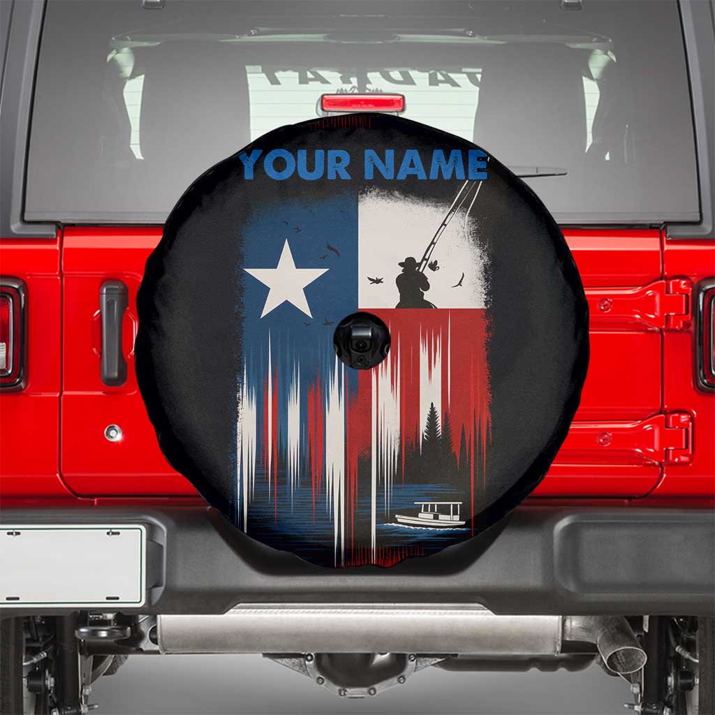 Texas Flag Fishing Spare Tire Cover with Silhouette Fisherman and Rustic Lake Scene in Red White Blue TS04