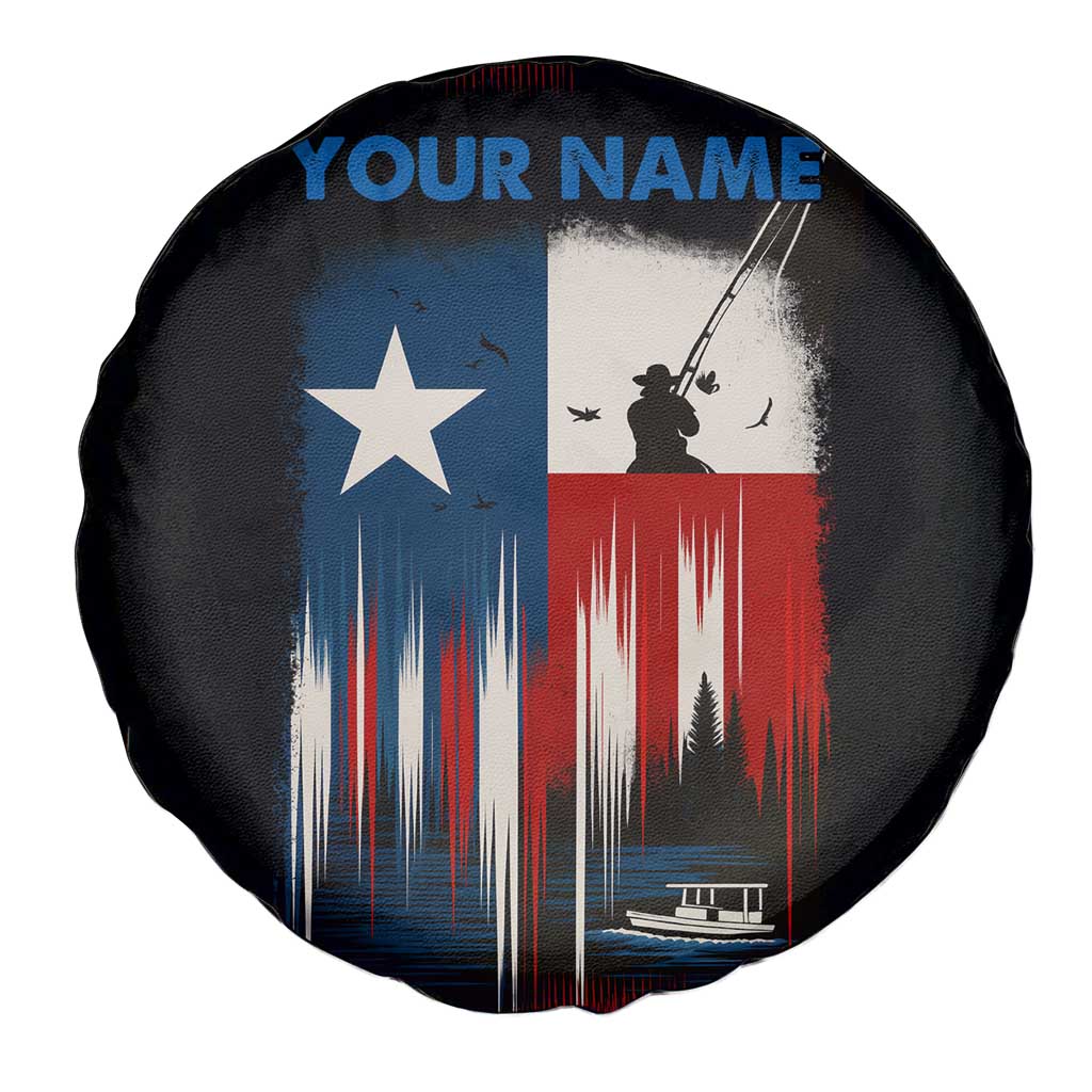 Texas Flag Fishing Spare Tire Cover with Silhouette Fisherman and Rustic Lake Scene in Red White Blue TS04