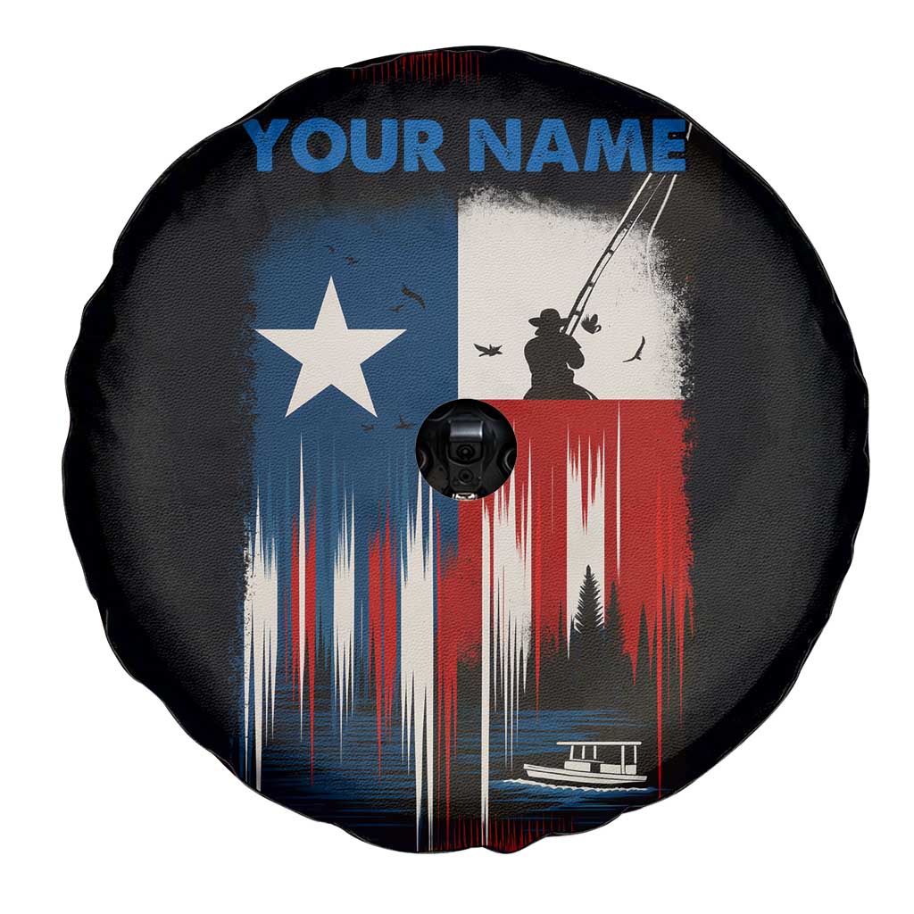 Texas Flag Fishing Spare Tire Cover with Silhouette Fisherman and Rustic Lake Scene in Red White Blue TS04
