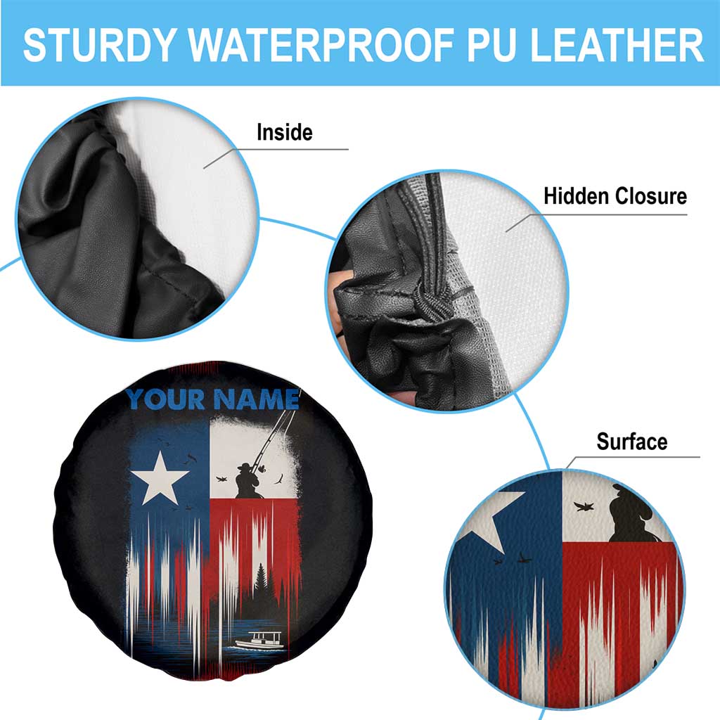 Texas Flag Fishing Spare Tire Cover with Silhouette Fisherman and Rustic Lake Scene in Red White Blue TS04