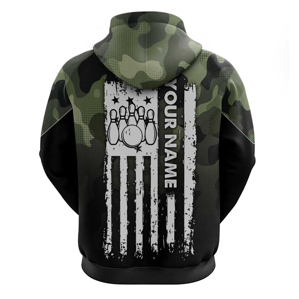 Camouflage Bowling Hoodie with Grunge American Flag and Pin Emblem in Military Green TS04