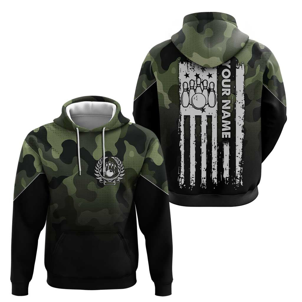 Camouflage Bowling Hoodie with Grunge American Flag and Pin Emblem in Military Green TS04