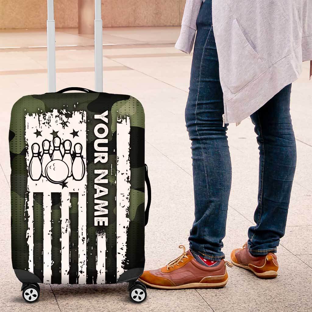 Camouflage Bowling Luggage Cover with Grunge American Flag and Pin Emblem in Military Green TS04