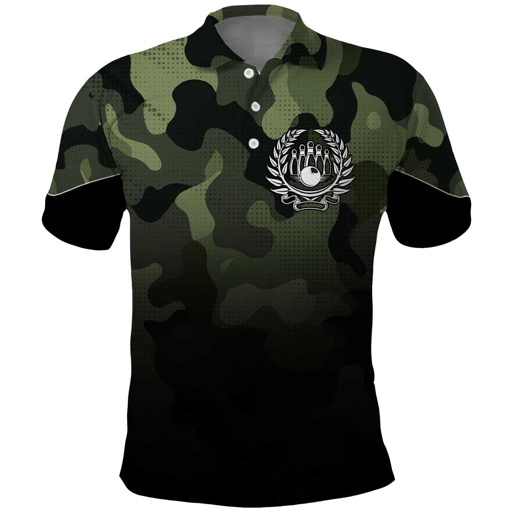 Camouflage Bowling Polo Shirt with Grunge American Flag and Pin Emblem in Military Green TS04