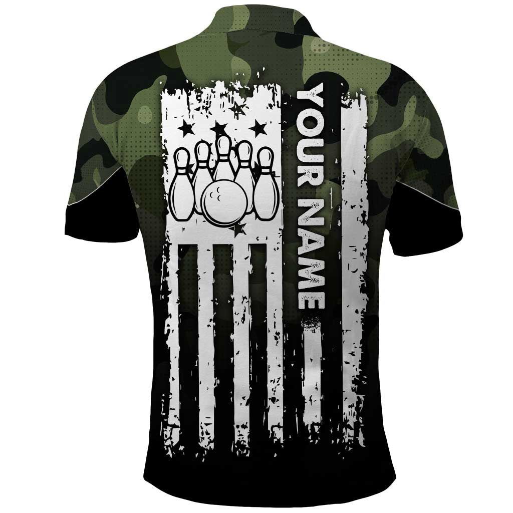 Camouflage Bowling Polo Shirt with Grunge American Flag and Pin Emblem in Military Green TS04
