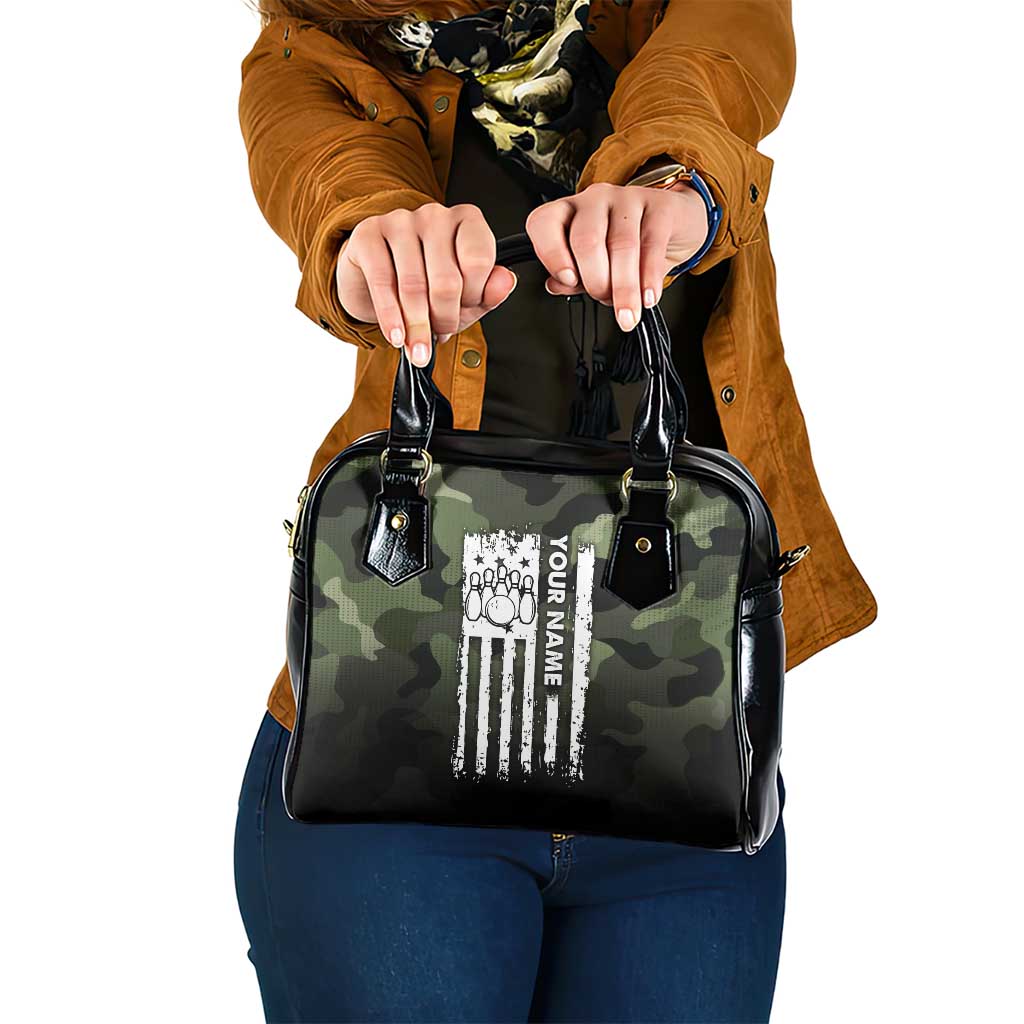 Camouflage Bowling Shoulder Handbag with Grunge American Flag and Pin Emblem in Military Green TS04
