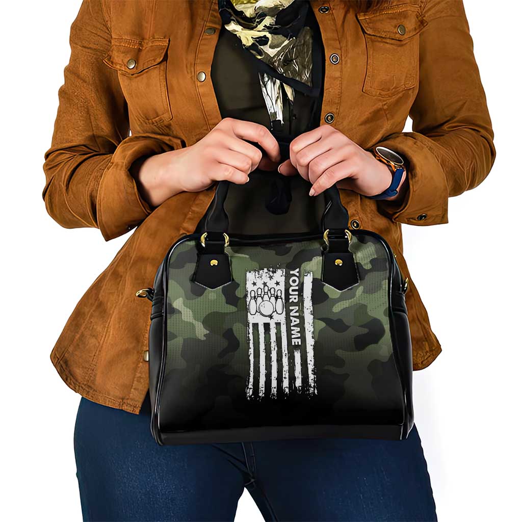 Camouflage Bowling Shoulder Handbag with Grunge American Flag and Pin Emblem in Military Green TS04