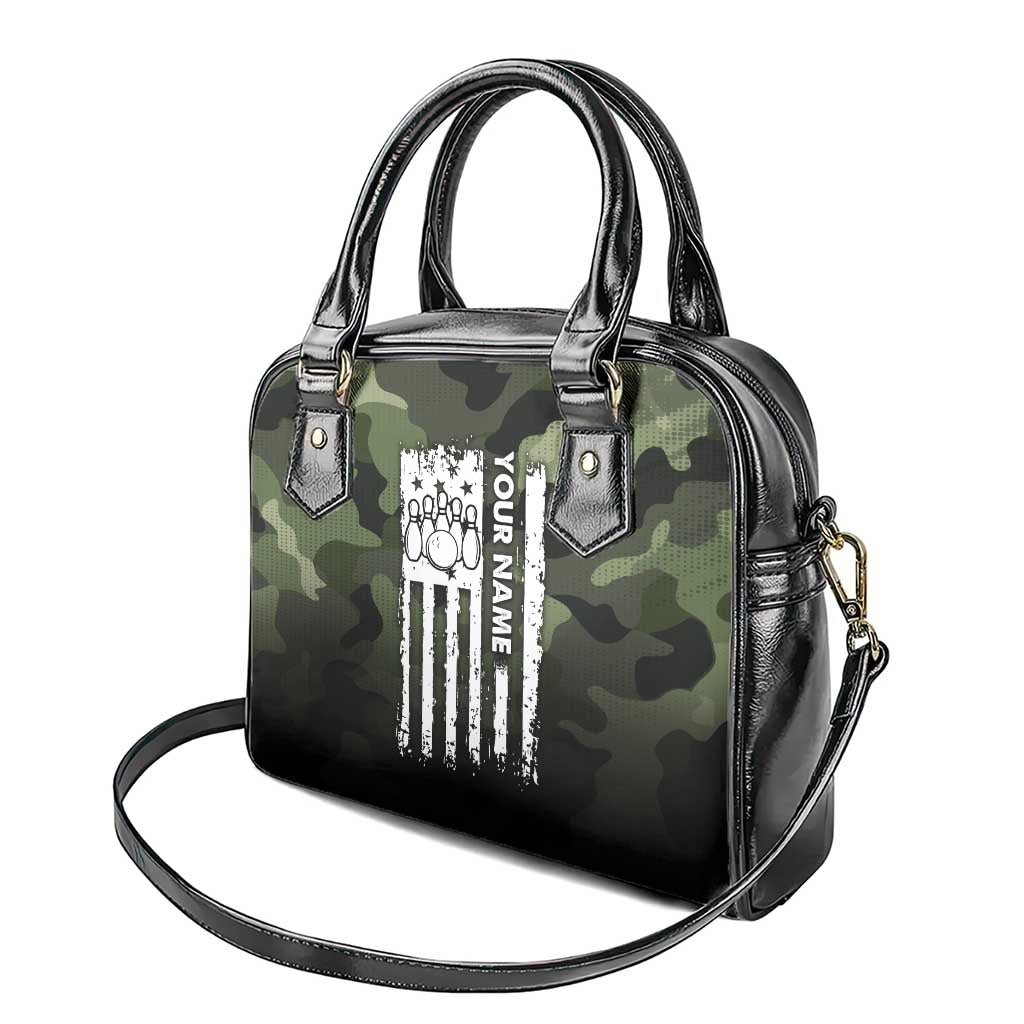 Camouflage Bowling Shoulder Handbag with Grunge American Flag and Pin Emblem in Military Green TS04
