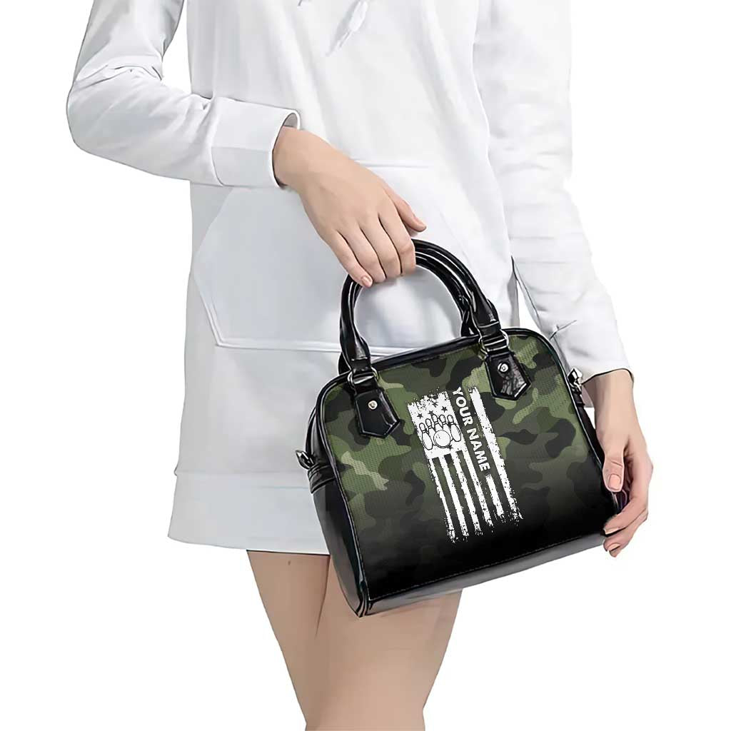 Camouflage Bowling Shoulder Handbag with Grunge American Flag and Pin Emblem in Military Green TS04