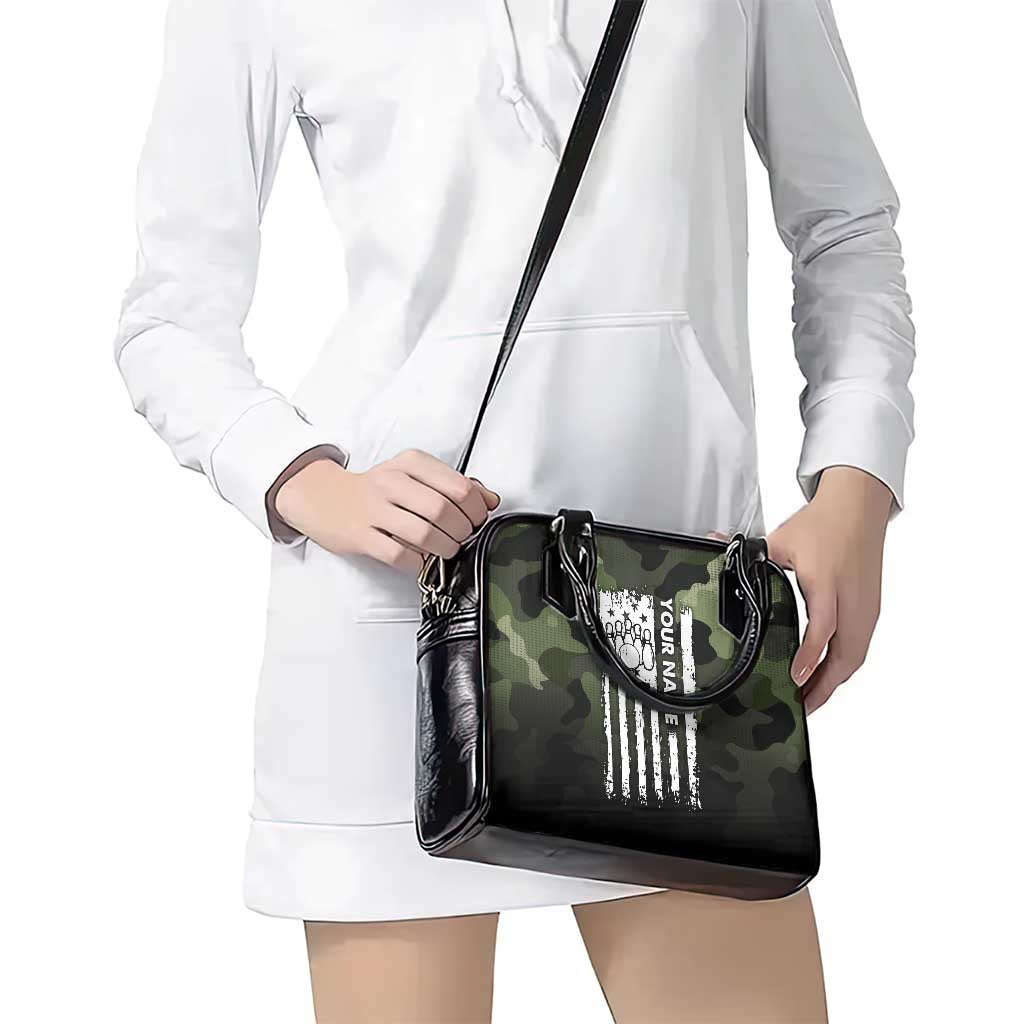 Camouflage Bowling Shoulder Handbag with Grunge American Flag and Pin Emblem in Military Green TS04