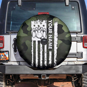 Camouflage Bowling Spare Tire Cover with Grunge American Flag and Pin Emblem in Military Green TS04
