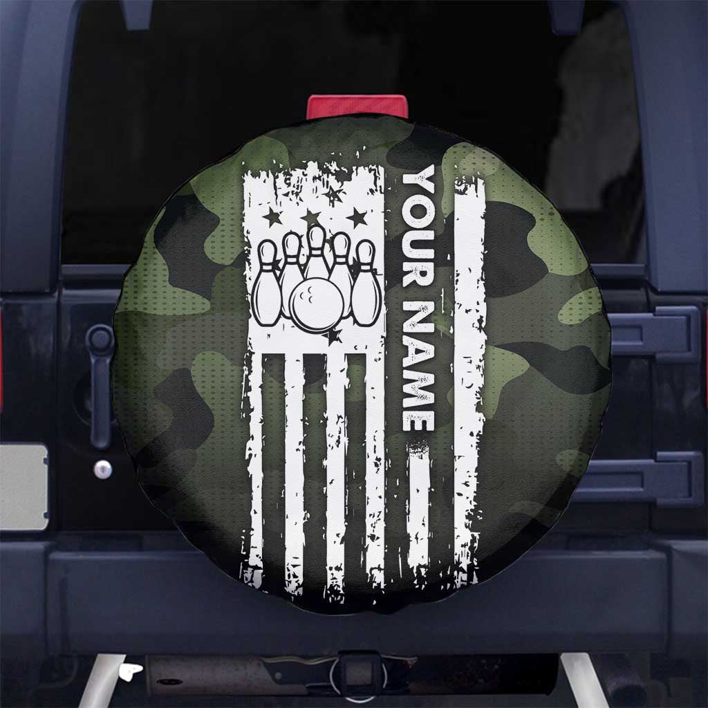Camouflage Bowling Spare Tire Cover with Grunge American Flag and Pin Emblem in Military Green TS04