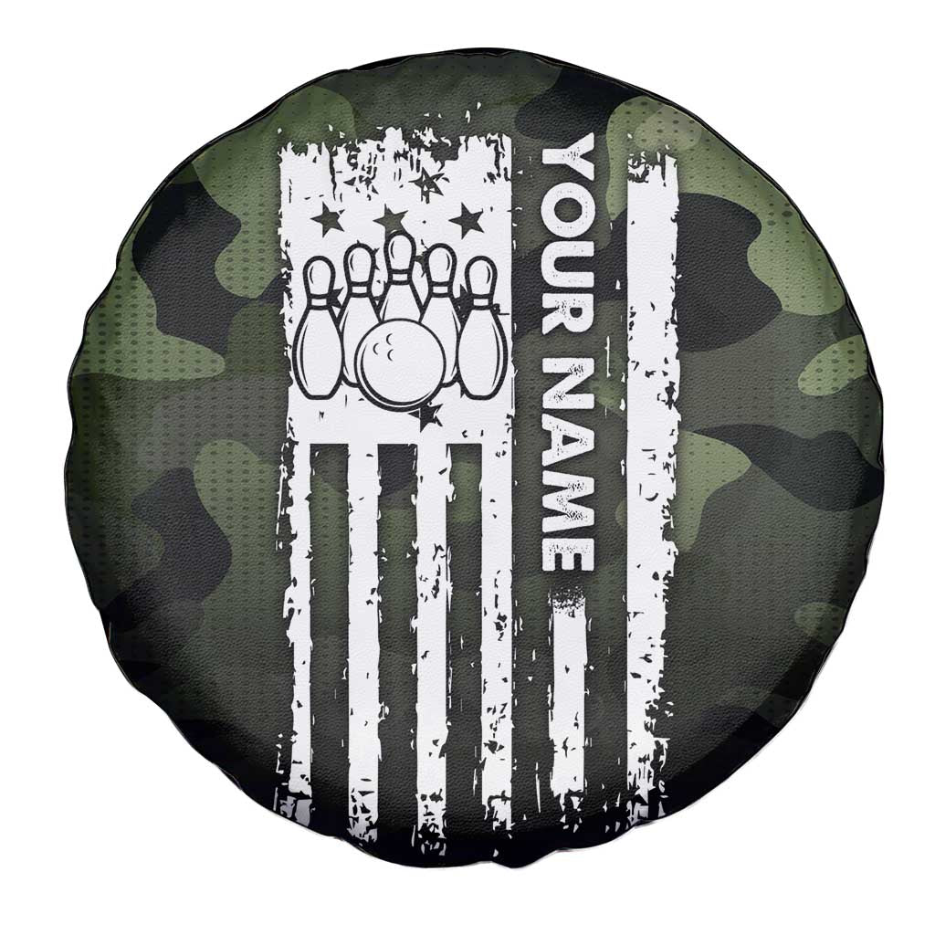 Camouflage Bowling Spare Tire Cover with Grunge American Flag and Pin Emblem in Military Green TS04