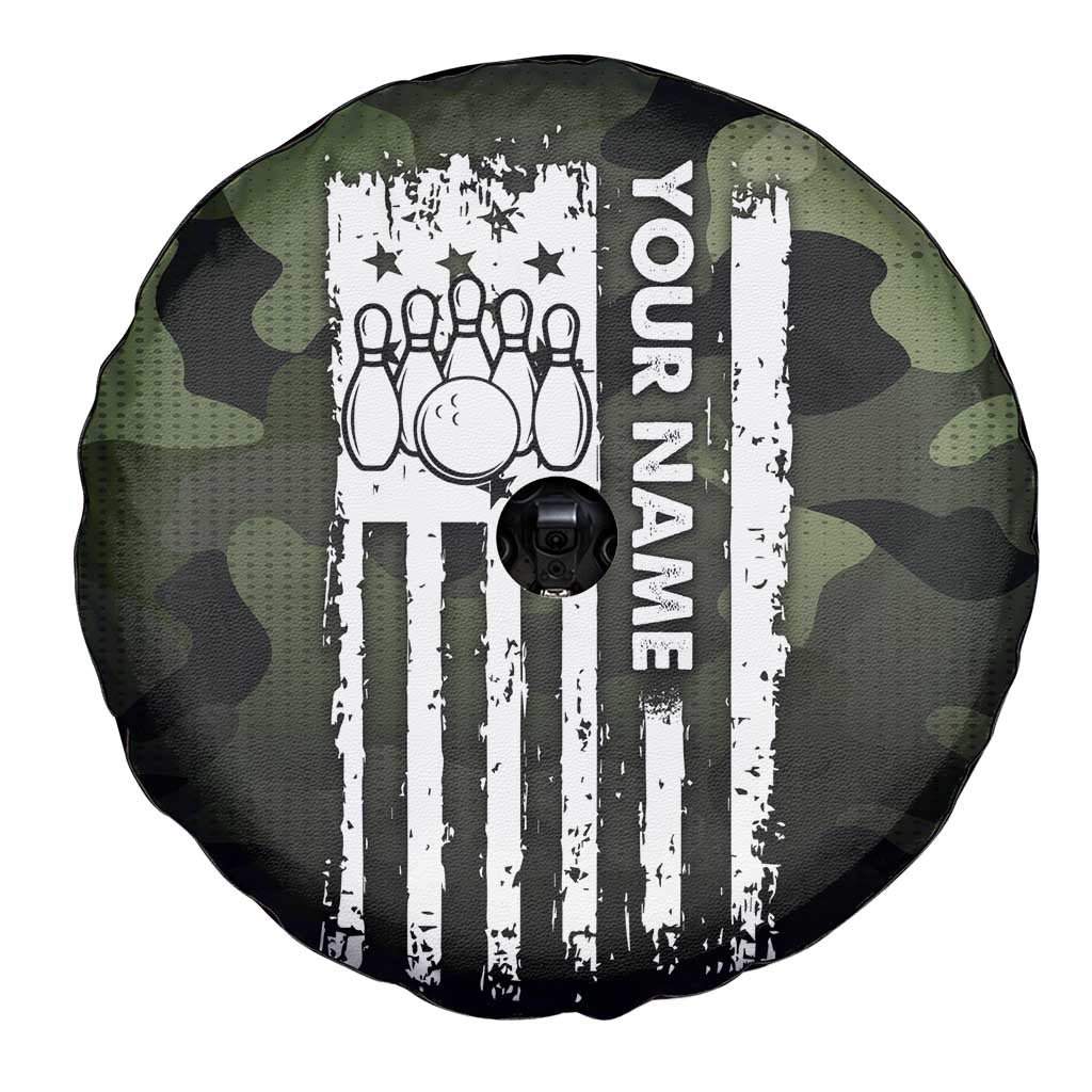 Camouflage Bowling Spare Tire Cover with Grunge American Flag and Pin Emblem in Military Green TS04