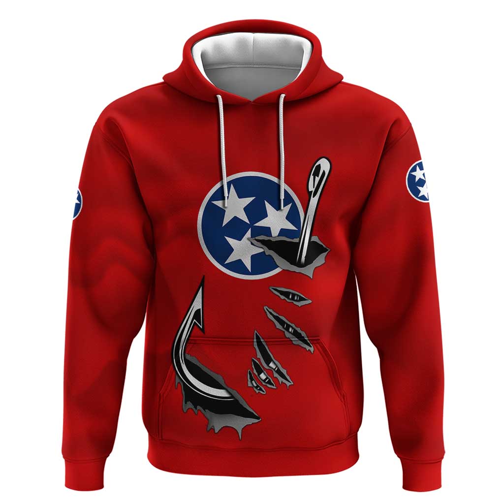 Tennessee Flag Fishing Hoodie with Ripped Hook Graphic and Triple Star Symbol in Red and Blue TS04
